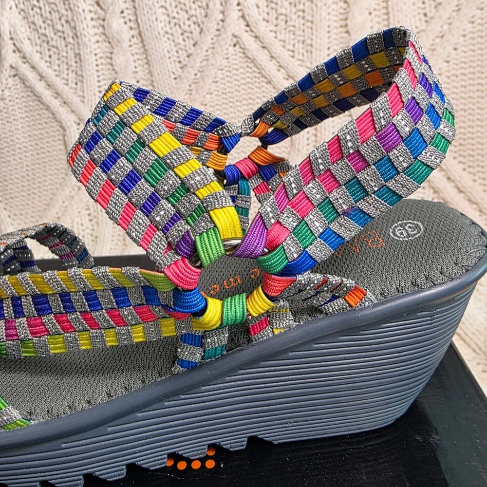 Bernie Mev Crystal Wedge Sandals Multi Rainbow Woven Stretchy Women 39 8 New